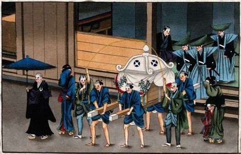 Japanese funeral customs - the procession leaves the house, 1880. The ...