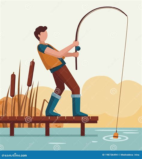 Man Fishing on a Lake on a Wooden Dock. Fisherman Stock Vector - Illustration of equipment ...