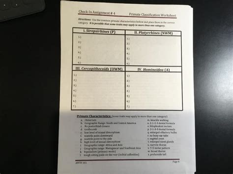 Primate Classification Worksheet Directions: Use the | Chegg.com