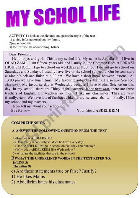 MY SCHOOL LIFE - ESL worksheet by abdelatif mouyssa