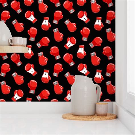 boxing gloves - red on black - LAD19 Wallpaper | Spoonflower