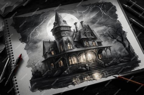 Premium AI Image | Pencil sketch of gothic house surrounded by dark and stormy sky