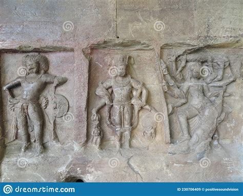 Exterior of Udayagiri Cave 6 with Temple Guard L, Shiva As Gangadhara M & Goddess Durga Slaying ...