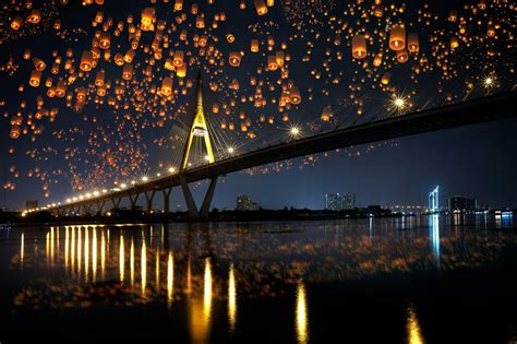 landscape, Bridge, Night, Sky Lanterns, Reflection Wallpapers HD / Desktop and Mobile Backgrounds