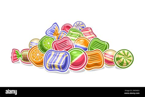 Vector Candy Pile, decorative horizontal poster with outline illustration of multi colored candy ...