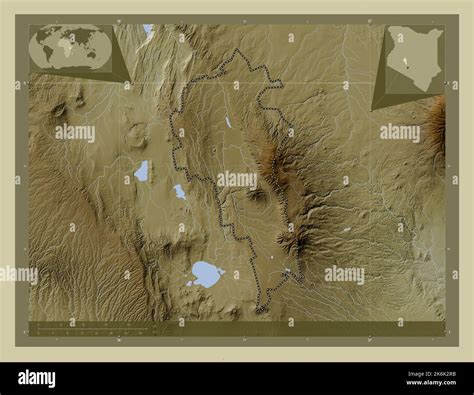 Nyandarua, county of Kenya. Elevation map colored in wiki style with lakes and rivers. Corner ...