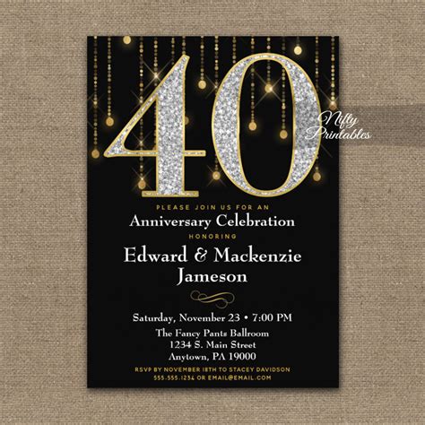 40th Anniversary Invitations Black Gold Diamonds - Nifty Printables