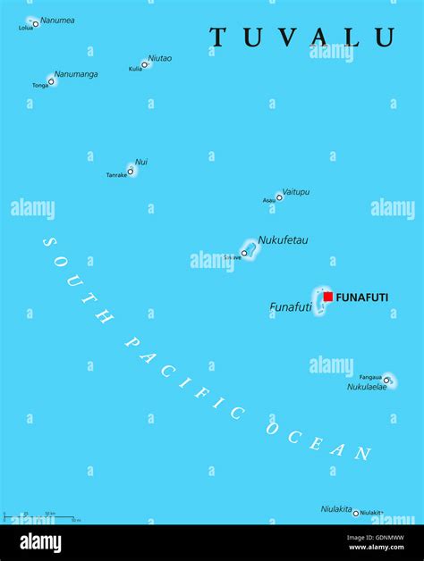 Tuvalu political map with capital Funafuti and important villages ...