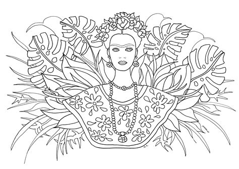 Frida Kahlo and leaves - Frida Kahlo Coloring Pages for Kids