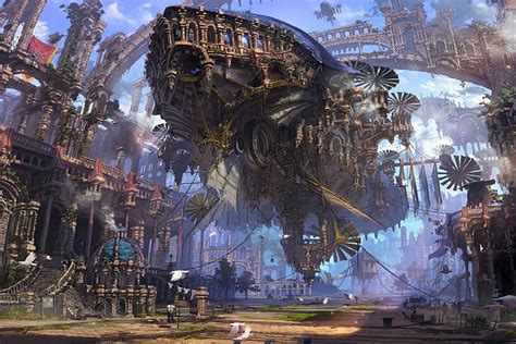 Steampunk City, airship, ruins, art, bridge, HD wallpaper | Peakpx