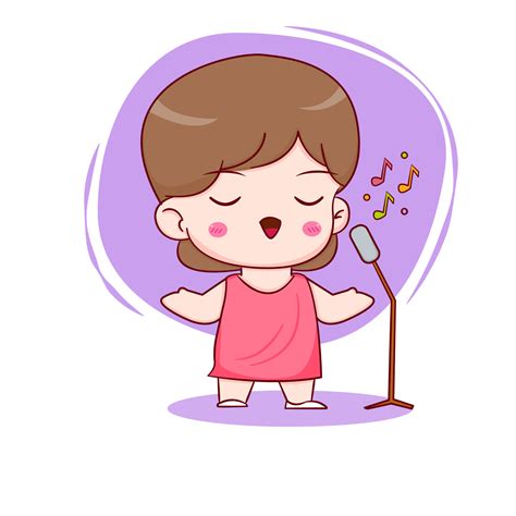 Cute girl singing with microphone isolated background. Hand drawn chibi ...