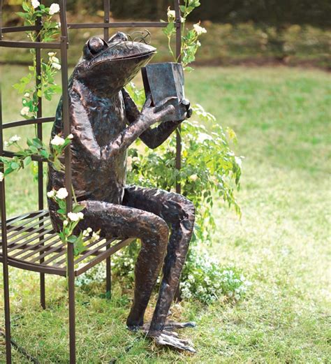 Handmade Metal Reading Frog Garden Sculpture | PlowHearth