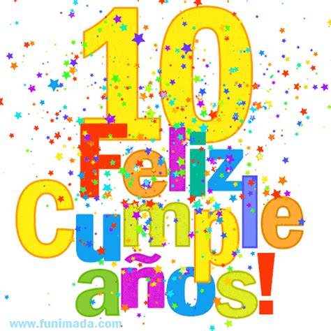 Imagen GIF festiva y colorida de feliz cumpleaños número 10 | Funimada.com