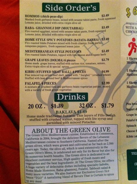 Menu of The Green Olive in Long Beach, CA 90807