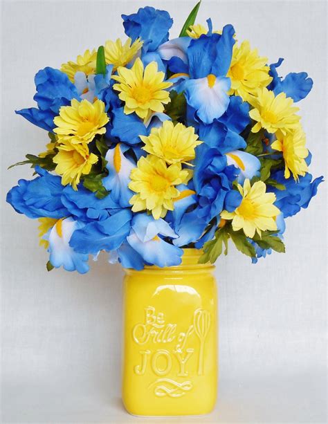 Silk Flower Arrangement Blue Iris Yellow Daisies Yellow