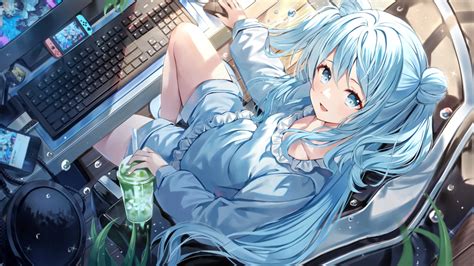 Wallpaper : anime girls, blue hair, blue eyes, drink, Nintendo Switch, phone, twintails, water ...