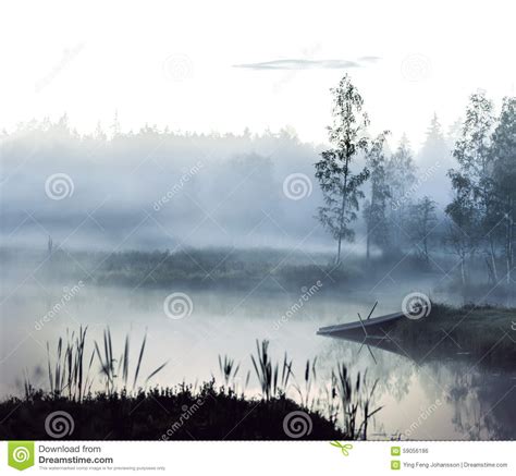 Foggy lake stock photo. Image of water, landscape, boat - 59056186