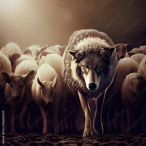 Wolf in sheep's clothing in the herd of sheeps. Ai generated ...