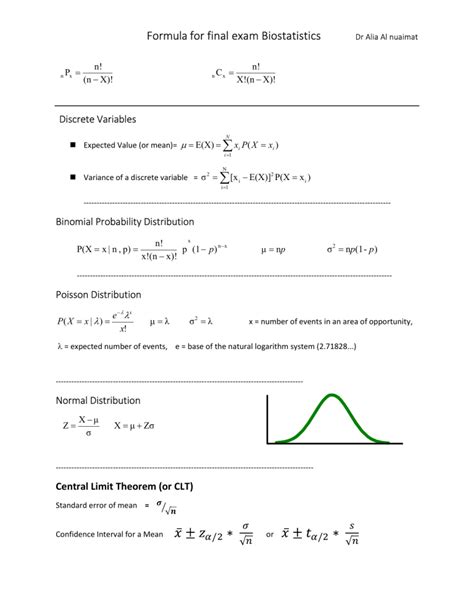 Formula for final exam biostatistics