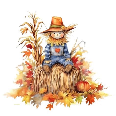 Premium AI Image | a close up of a scarecrow sitting on a hay bale with fall leaves generative ai