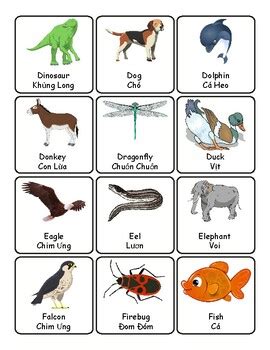 Animals English/Vietnamese Vocabulary Flashcards Labels Word Wall