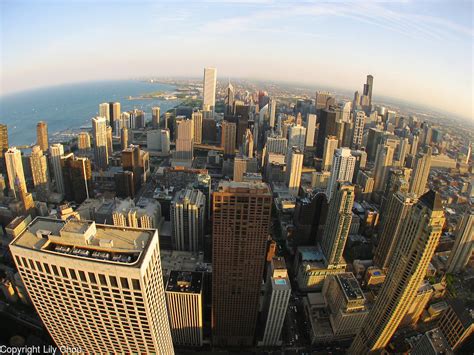 A bird’s-eye view of the sprawling Chicago skyline shot with a fisheye ...