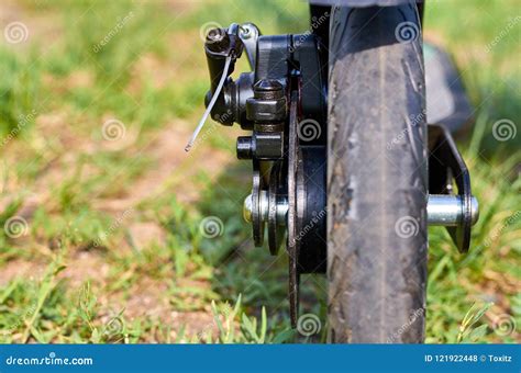 Black Folding Kick Scooter, Close Up Parts, Disk Brakes Stock Photo ...