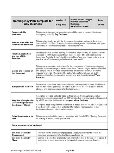 Sample Contingency Plan Template | Business Continuity | Business