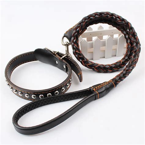 Deluxe Genuine Leather Dog Leash Studded Collar Handmade Braided ...