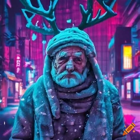 Neon cyberpunk city with an old man wearing reindeer antlers