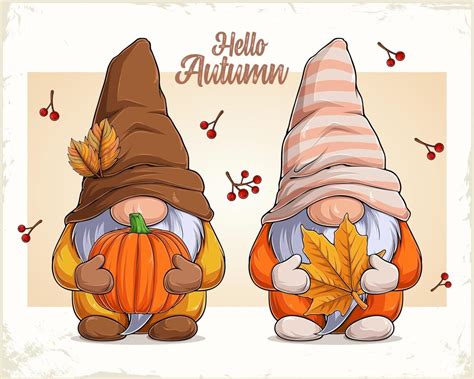 Hand drawn gnomes in autumn disguise holding pumpkin and maple leaf 3345079 Vector Art at Vecteezy