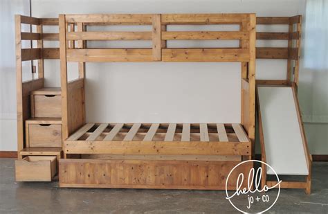 Twin over Full over twin trundle solid wood bunk bed with stairs and slide | hello jo + co