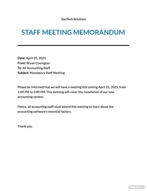 Staff Meeting Memo Template - Google Docs, Word, Apple Pages, PDF | Template.net in 2023 | Memo ...