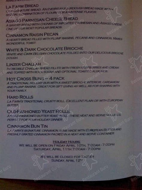 Menu at La Farm Bakery, Cary, NW Cary Pkwy