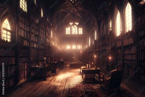 medieval library, gothic reading room interior with desks, old mysterious castle, fictional ...