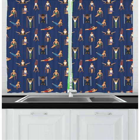 Gymnastics Curtains 2 Panels Set, Cartoon Style Boys Working out ...