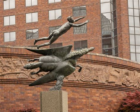 `Pegasus and Man` Bronze Sculpture by Carl Milles in 1949, Now at the Hilton Hotel Anatole in ...