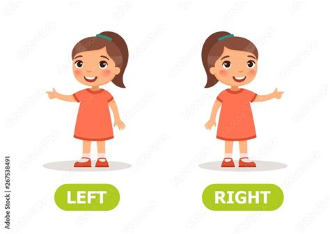 Illustration of opposites left and right. Girl shows his hand left and right..Card for teaching ...