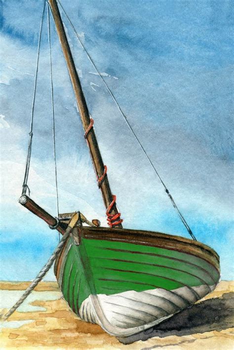 Watercolor Illustration of a Wooden Green Boat Stock Illustration - Illustration of mast, travel ...