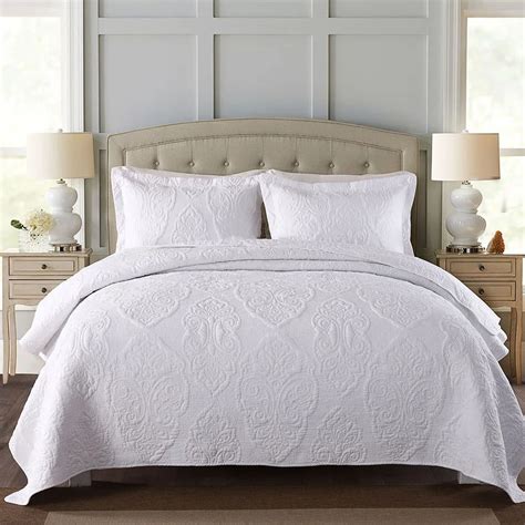 CHAUSUB Plain Cotton Bedspread Quilt Set 3pcs Coverlet Solid Embroidery Quilts Bed Covers ...