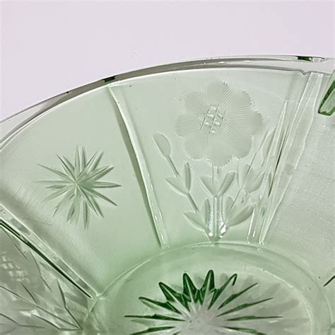 Vintage Green Depression Glass, Handled Glass Dish with Floral Etching, 1940s