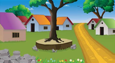 Village cartoon background illustration with old style cottage, well ...