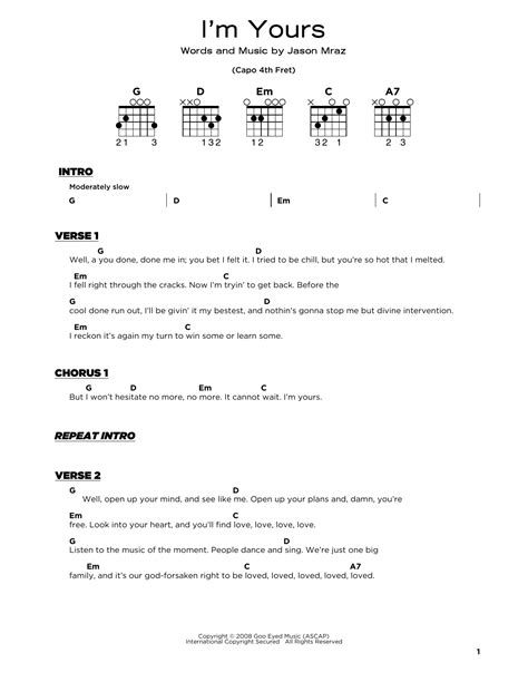 I'm Yours by Jason Mraz Sheet Music for Really Easy Guitar at Sheet Music Direct