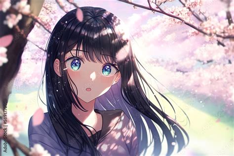 A cute surprised black haired anime girl under the blooming sakura. AI generated. Stock ...