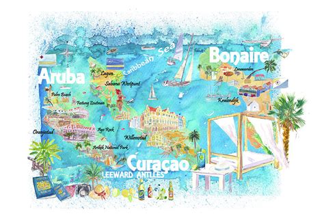 Aruba Bonaire Curacao Illustrated Islands Travel Map with Roads and ...