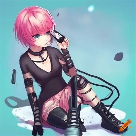 Emo anime girl with pixie haircut and combat boots