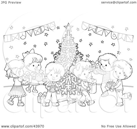 Clipart Illustration of a Black And White Children With Gifts At A Christmas Party Coloring Page ...