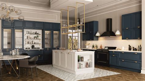 a large kitchen with blue cabinets and white counter tops, gold trimmings on the walls