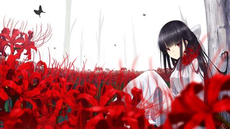 🔥 Download Red Eyes Anime Girl Butterfly Flowers Black Hair And by ...