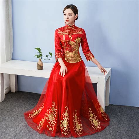 Fashion Merah Pakaian Tradisional Cina Lengan Panjang Cheongsam untuk Wanita Pernikahan Cina ...